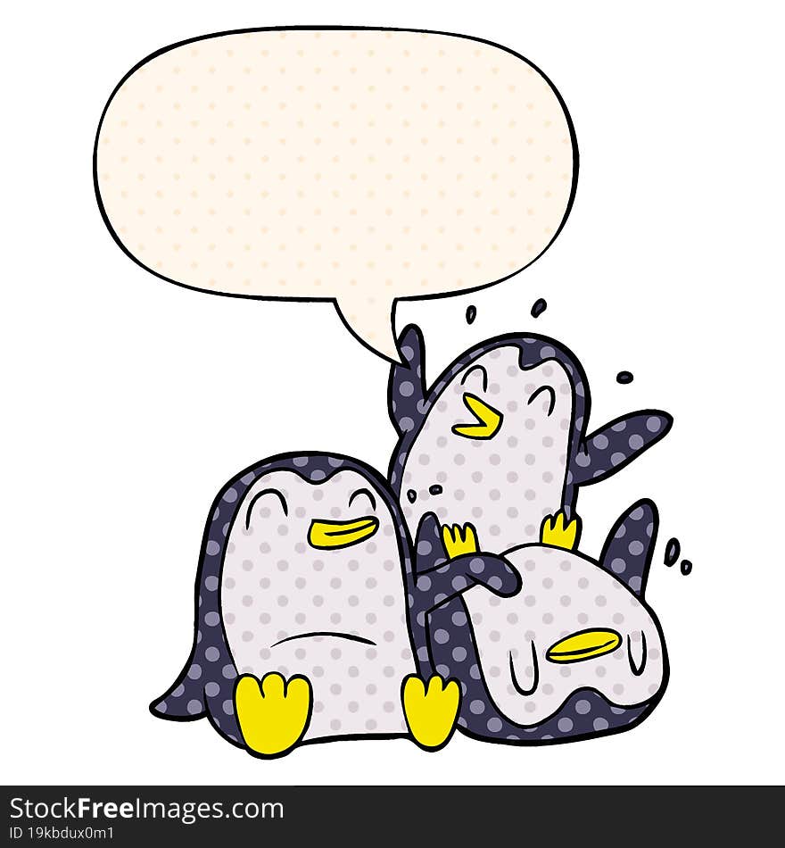 cartoon happy penguins and speech bubble in comic book style