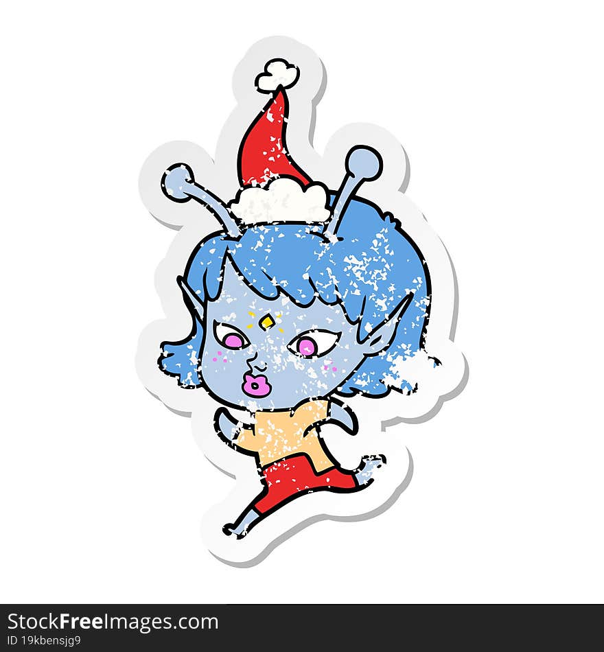 Pretty Distressed Sticker Cartoon Of A Alien Girl Running Wearing Santa Hat