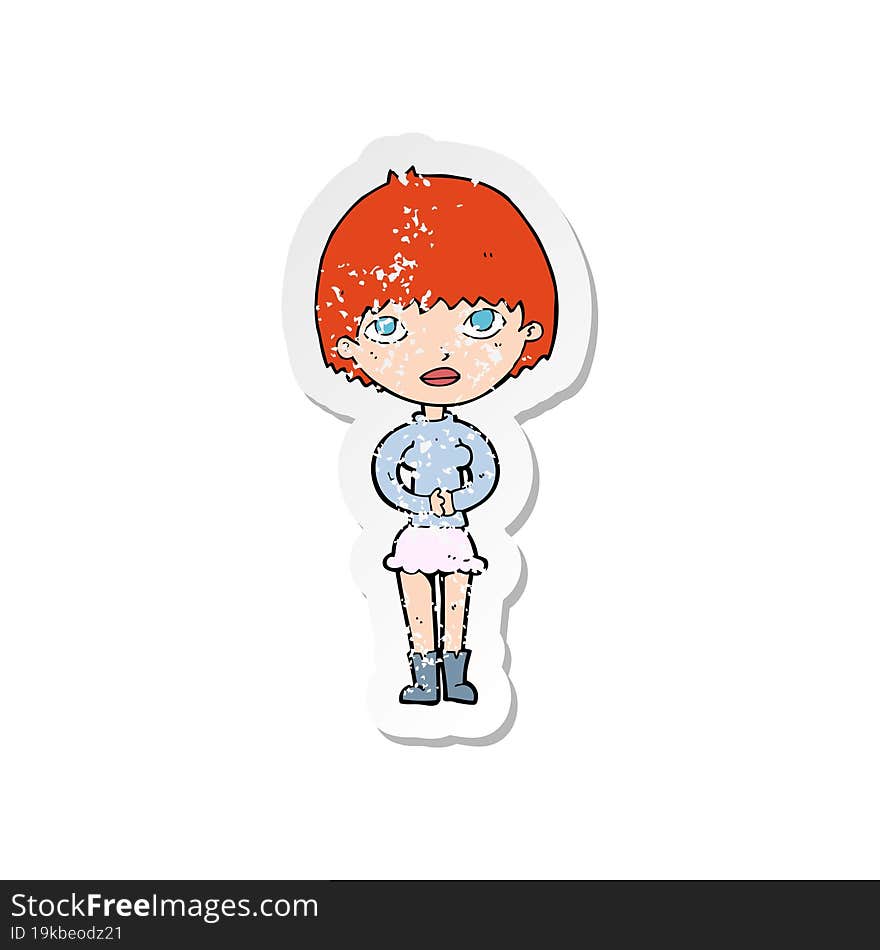 Retro Distressed Sticker Of A Cartoon Woman Waiting Patiently