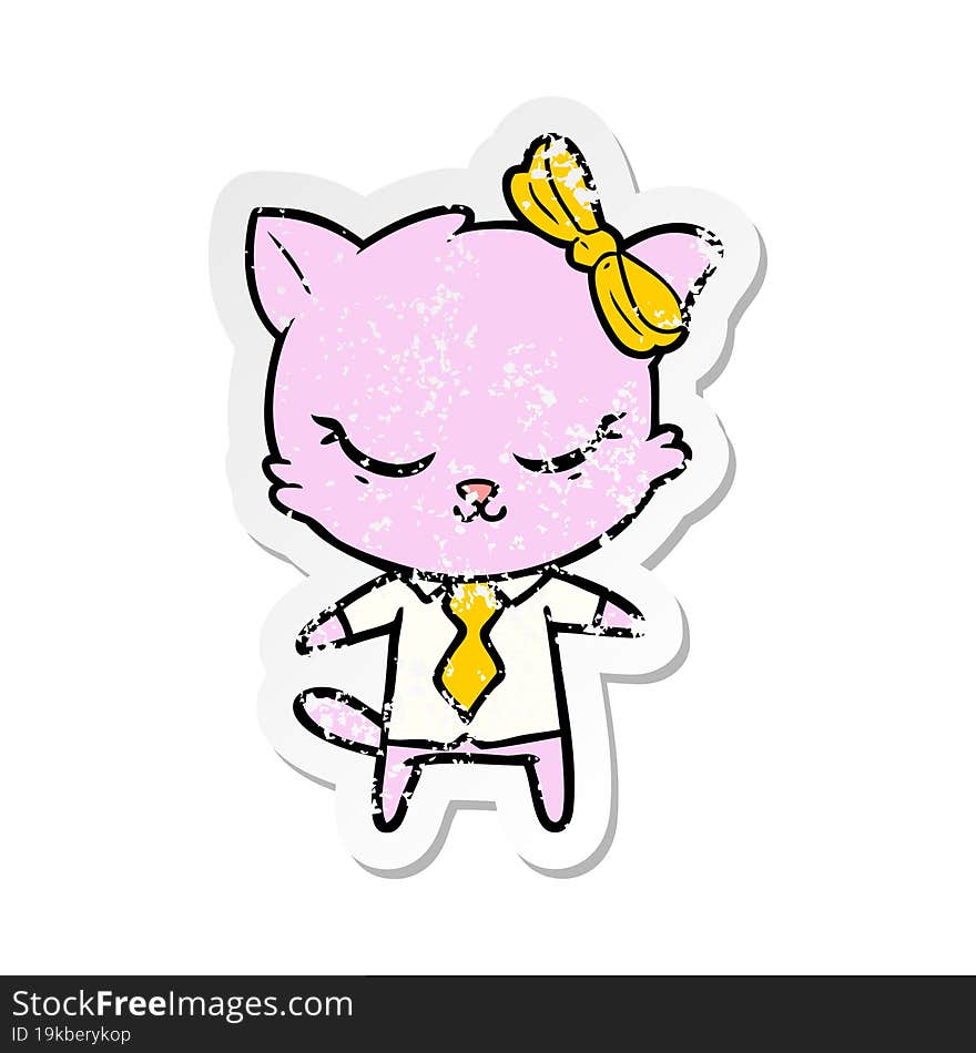 distressed sticker of a cute cartoon business cat with bow