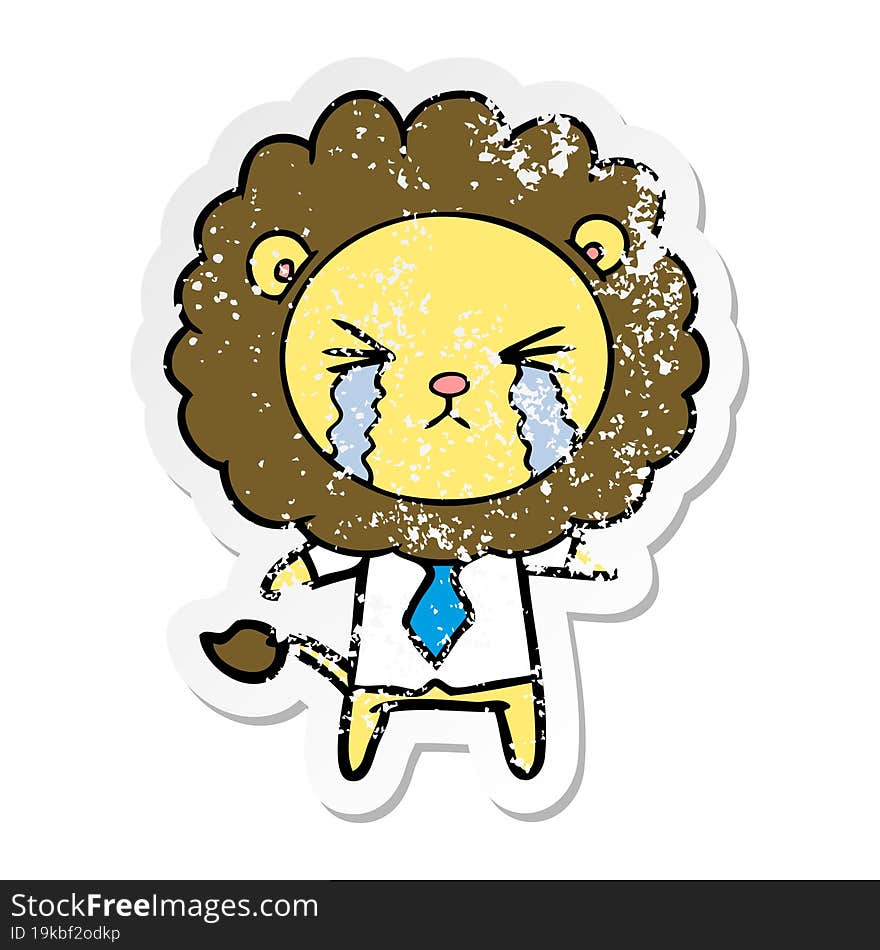 Distressed Sticker Of A Cartoon Crying Lion Wearing Shirt And Tie