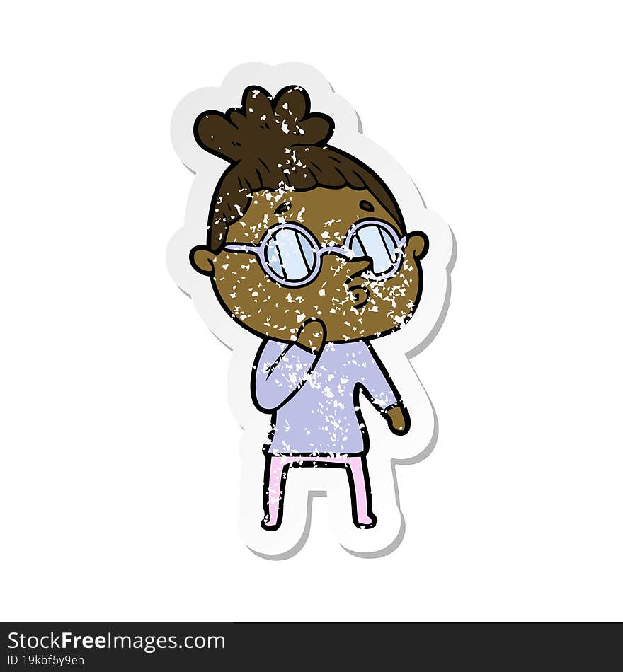 distressed sticker of a cartoon woman wearing glasses