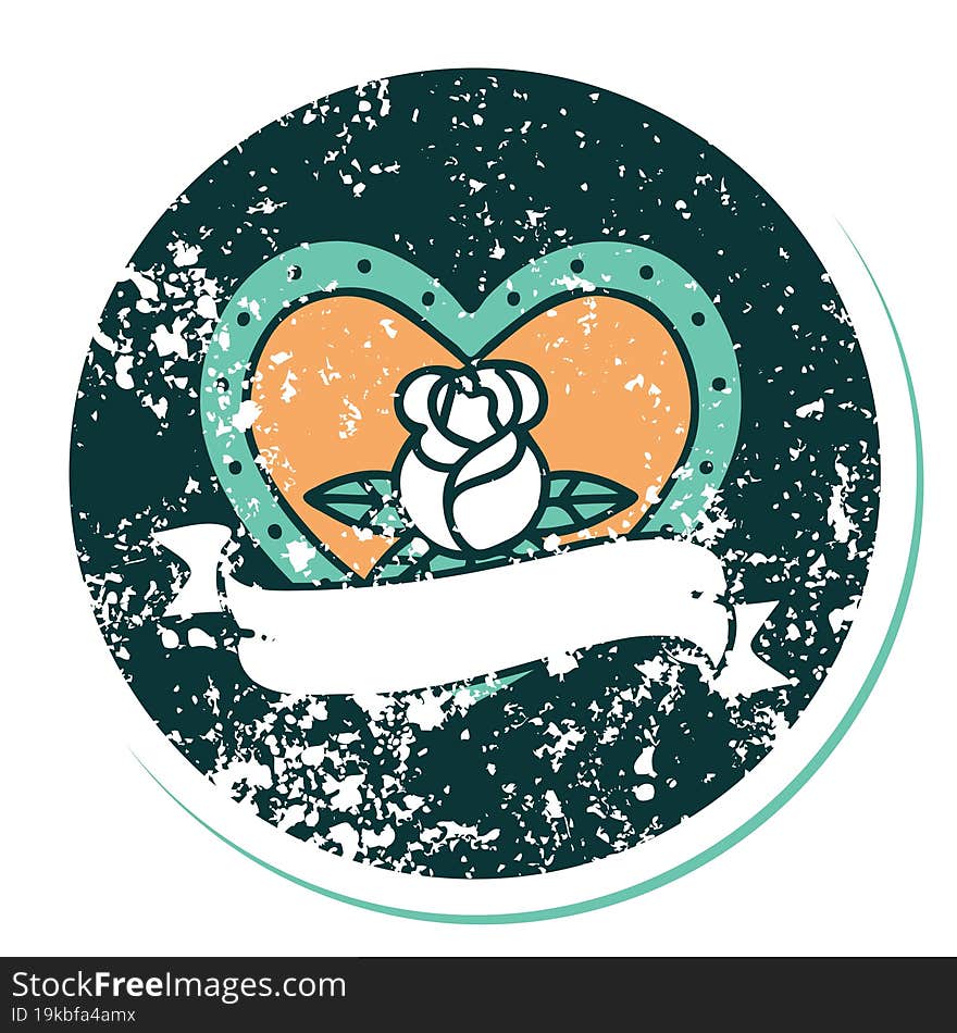 Distressed Sticker Tattoo Style Icon Of A Heart Rose And Banner