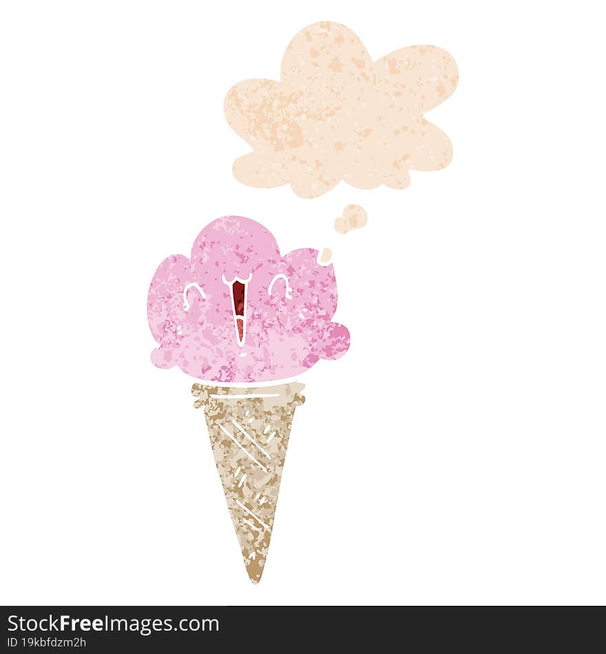 Cartoon Ice Cream With Face And Thought Bubble In Retro Textured Style