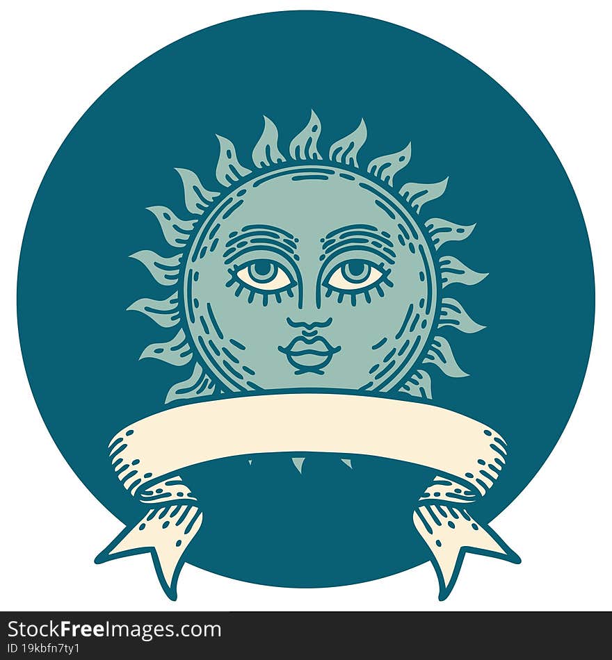 tattoo style icon with banner of a sun with face