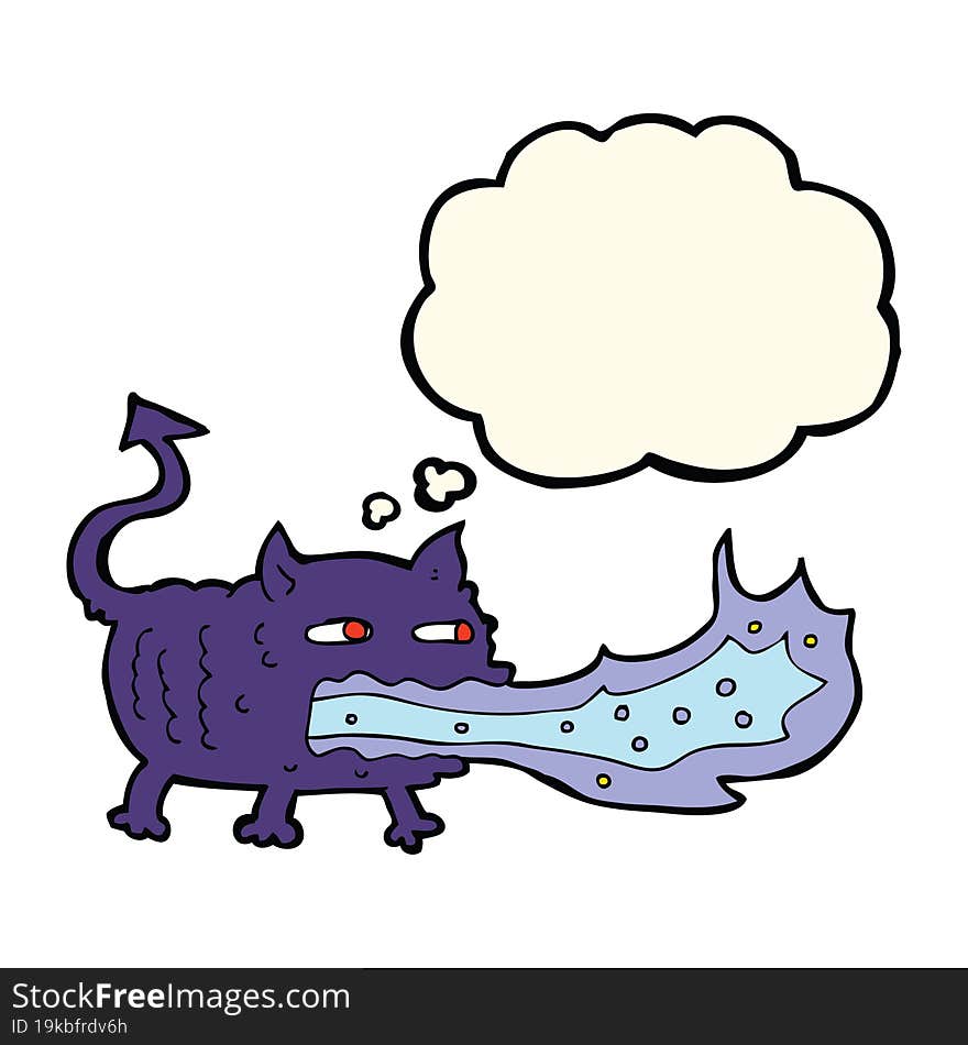 cartoon fire breathing imp with thought bubble