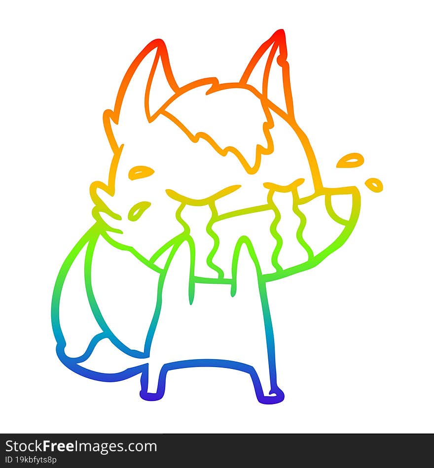 rainbow gradient line drawing of a cartoon crying wolf