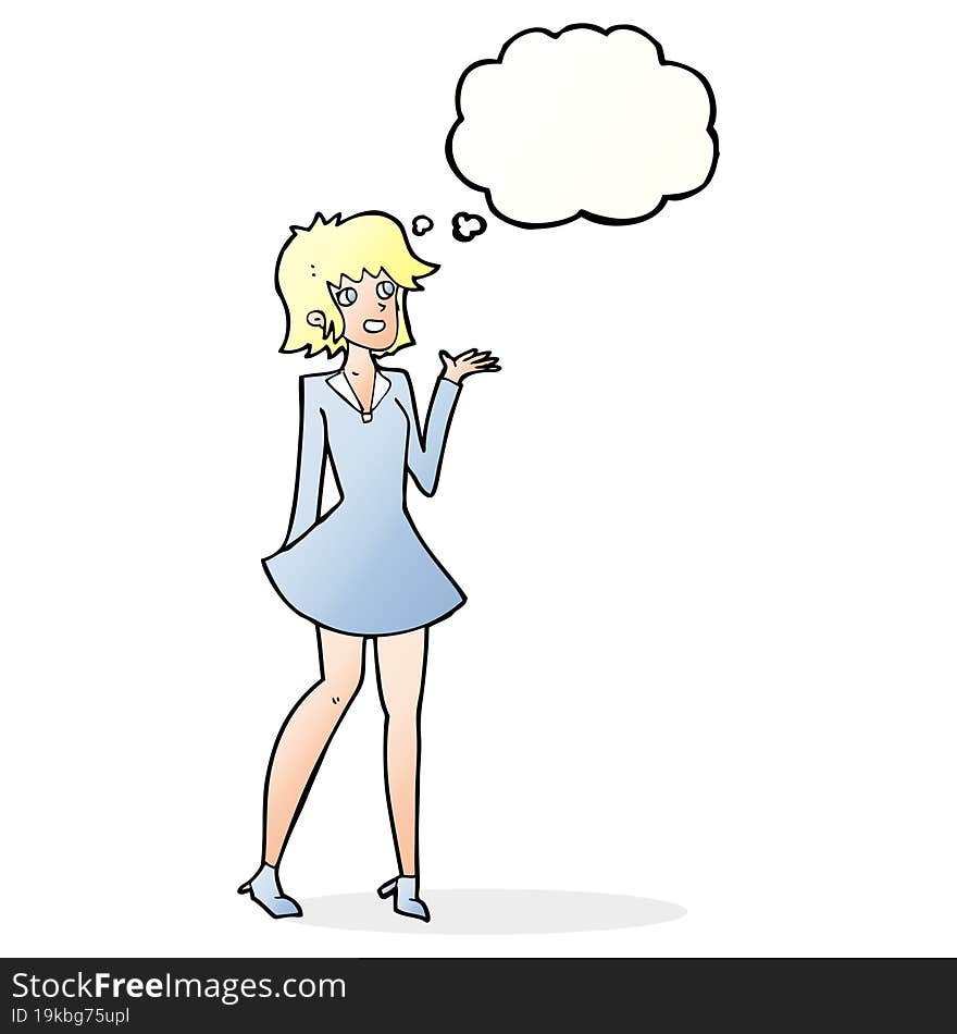 cartoon pretty woman in dress with thought bubble