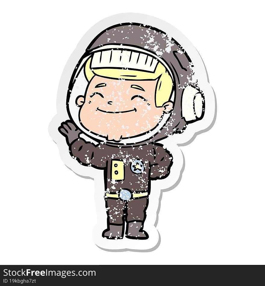 distressed sticker of a happy cartoon astronaut