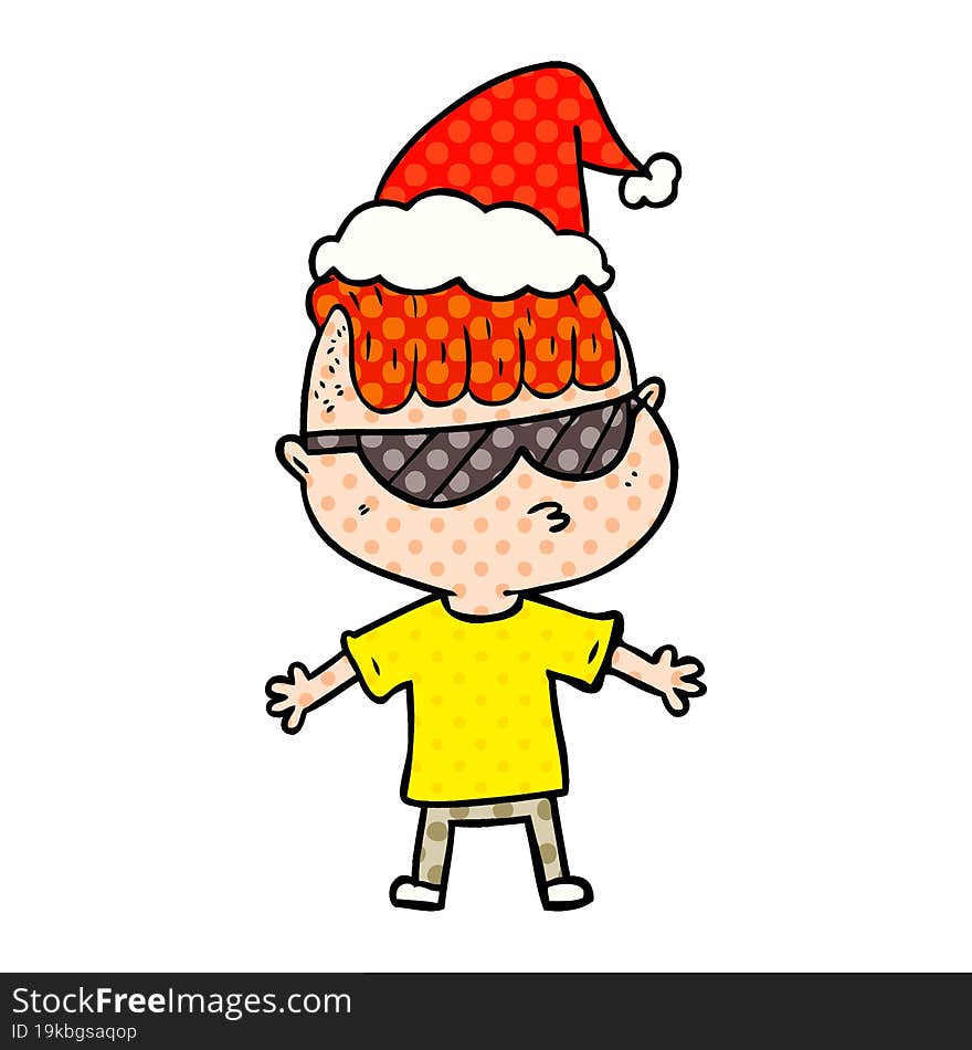 hand drawn comic book style illustration of a boy wearing sunglasses wearing santa hat