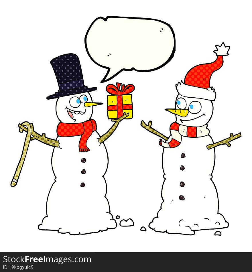 comic book speech bubble cartoon snowmen exchanging gifts