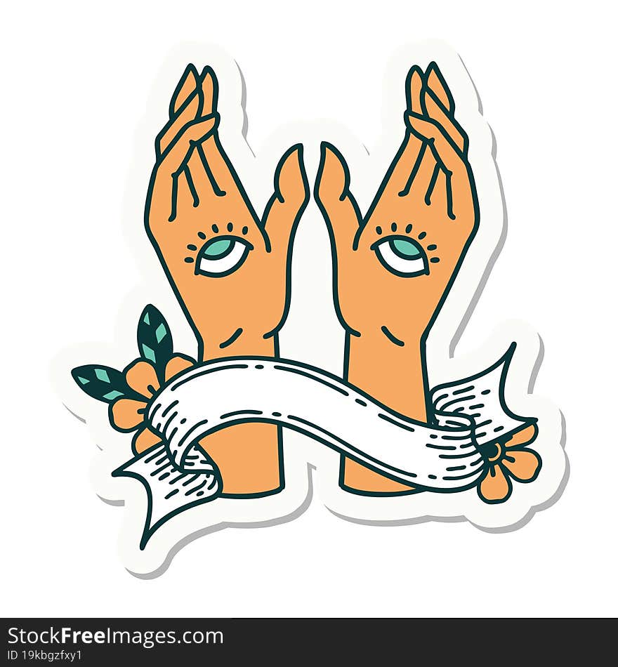 tattoo style sticker with banner of mystic hands