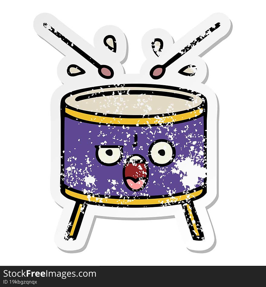 distressed sticker of a cute cartoon drum