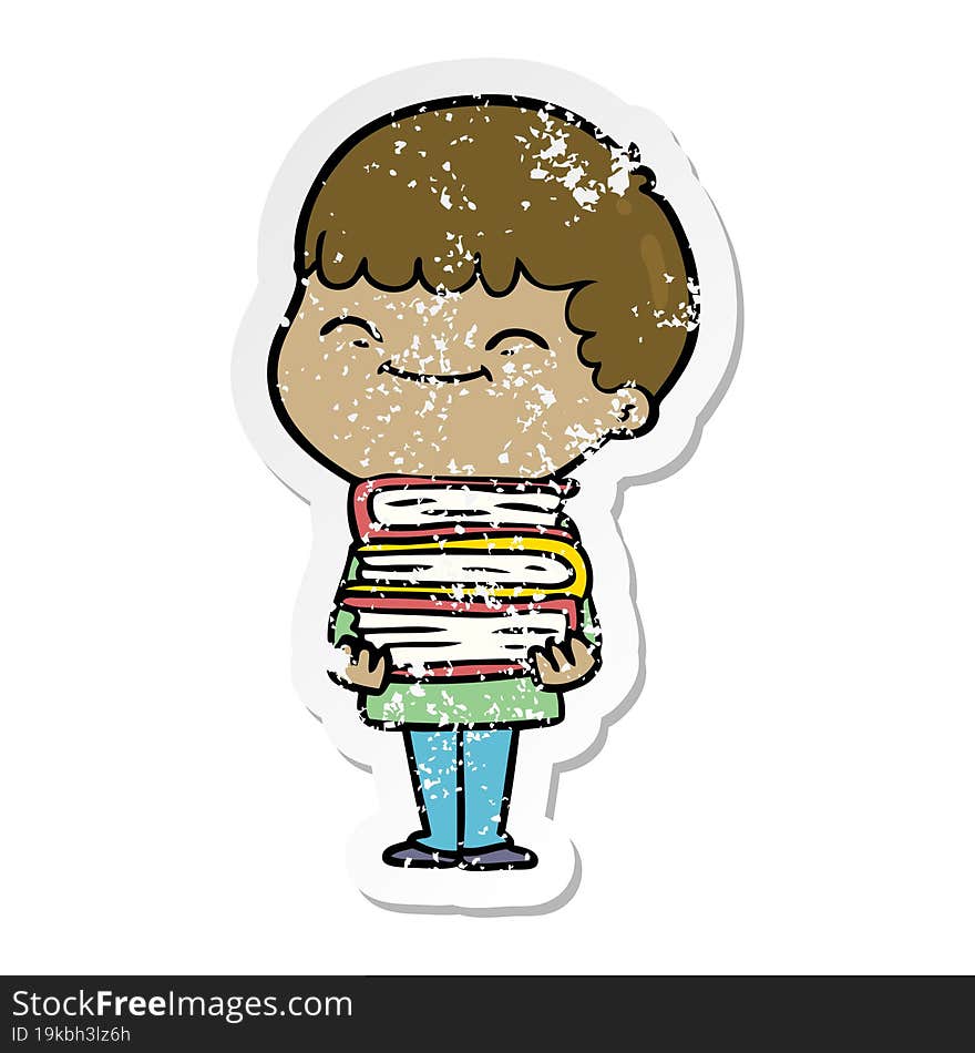 Distressed Sticker Of A Cartoon Happy Boy With Books