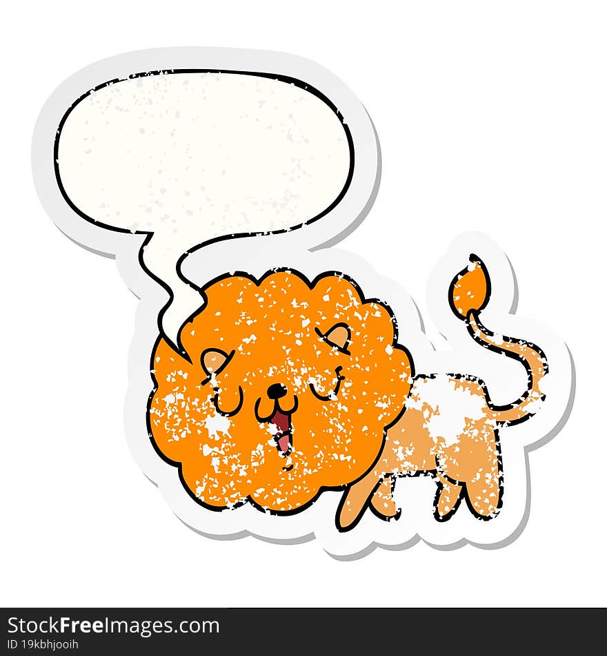 cute cartoon lion and speech bubble distressed sticker