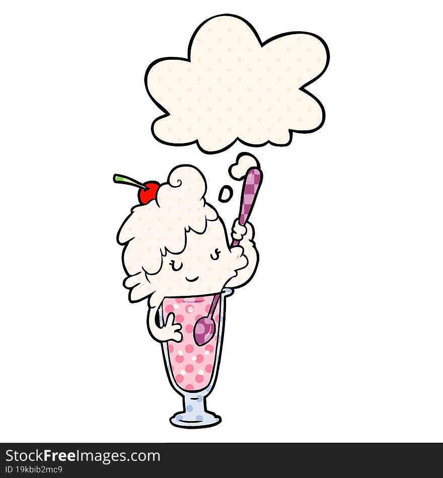 cartoon ice cream soda girl with thought bubble in comic book style