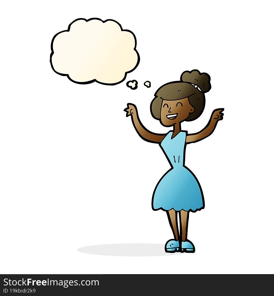 cartoon woman with raised arms with thought bubble