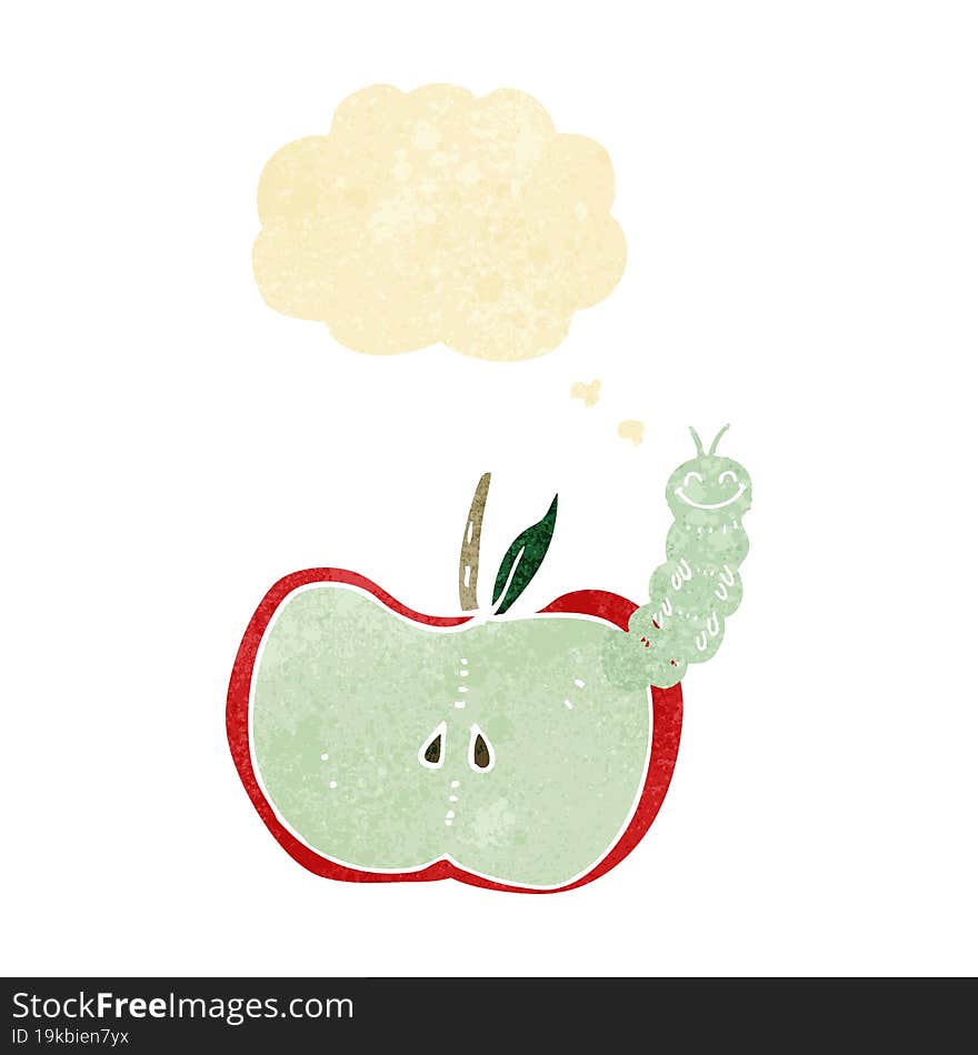 cartoon apple with bug with thought bubble