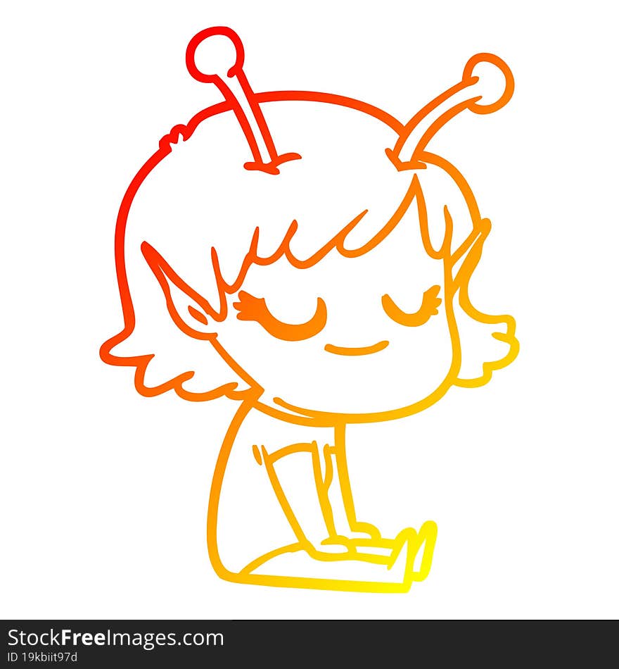 Warm Gradient Line Drawing Smiling Alien Girl Cartoon