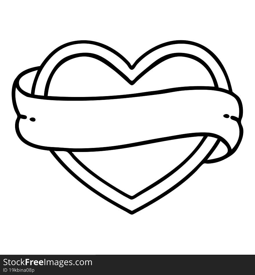 tattoo in black line style of a heart and banner. tattoo in black line style of a heart and banner