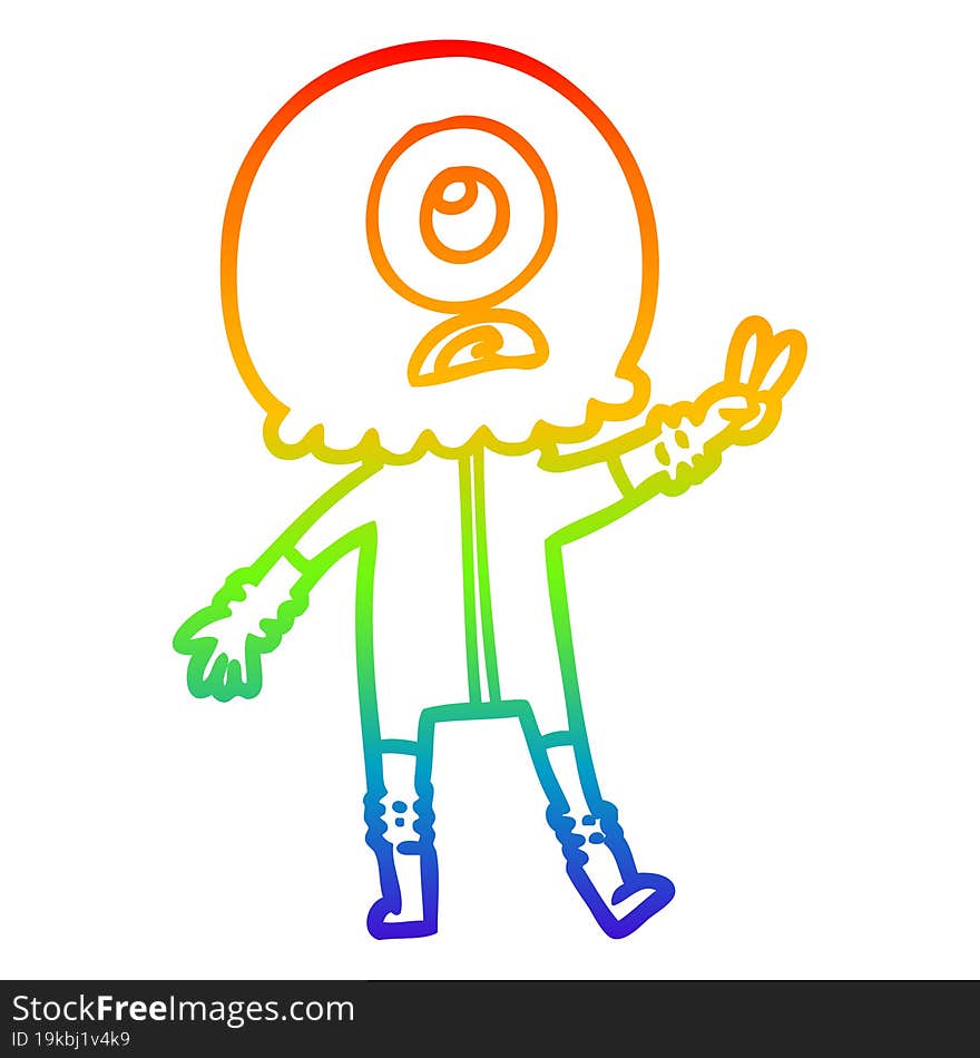 rainbow gradient line drawing cartoon cyclops alien spaceman giving peace sign