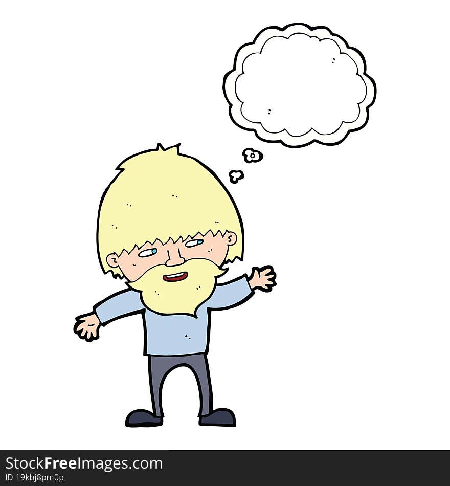 Cartoon Happy Bearded Man Waving With Thought Bubble