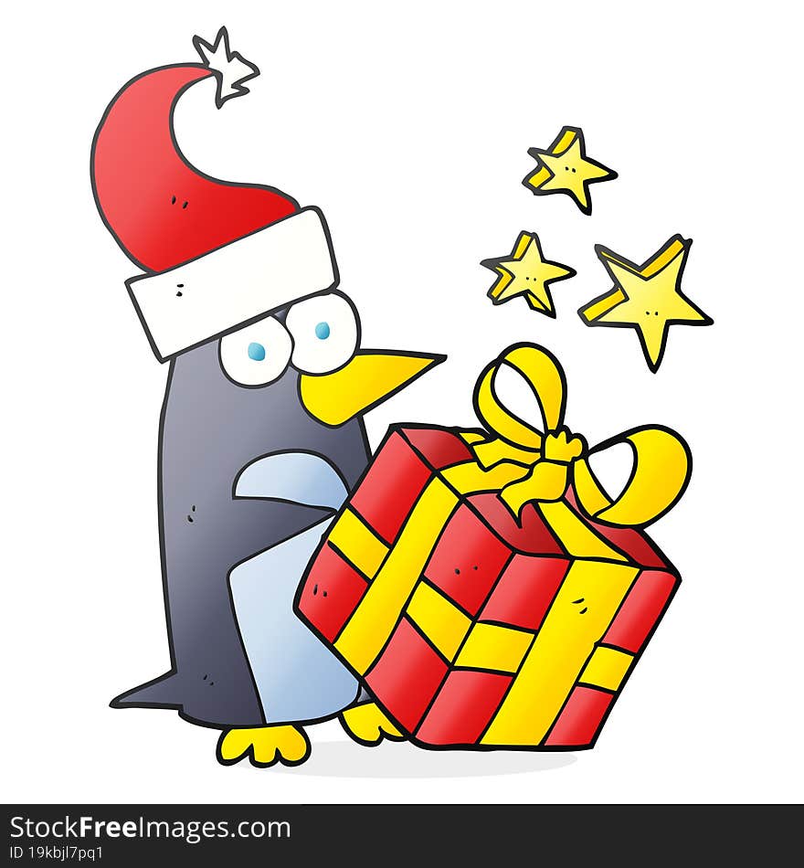 freehand drawn cartoon christmas penguin with present