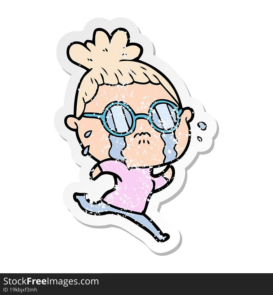 Distressed Sticker Of A Cartoon Crying Woman Wearing Spectacles