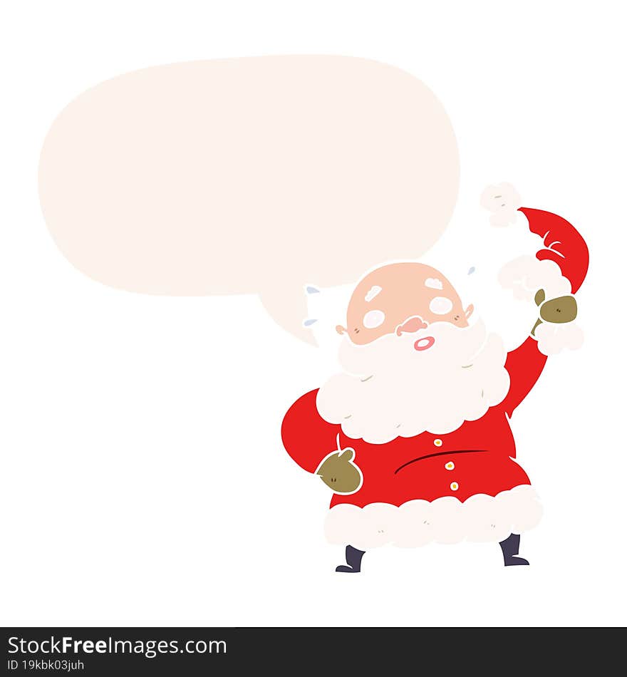 cartoon santa claus waving his hat and speech bubble in retro style