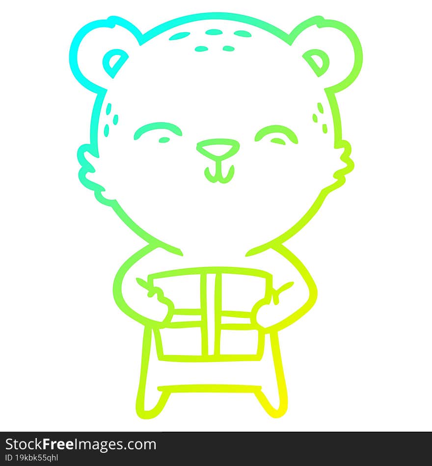 cold gradient line drawing happy cartoon bear with gift