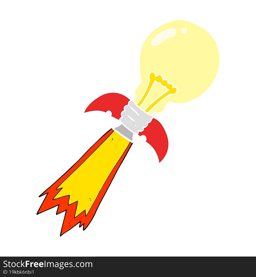 flat color illustration of a cartoon lightbulb rocket ship