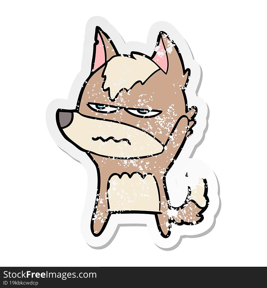 distressed sticker of a cartoon annoyed wolf