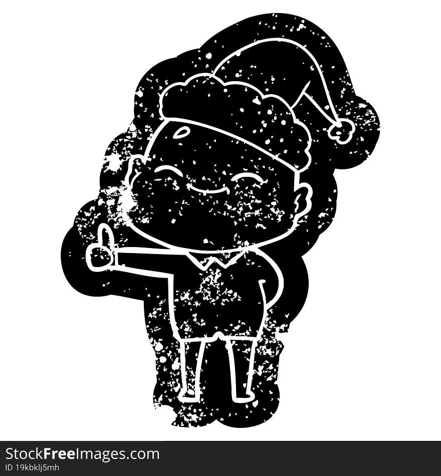 happy cartoon distressed icon of a bald man wearing santa hat