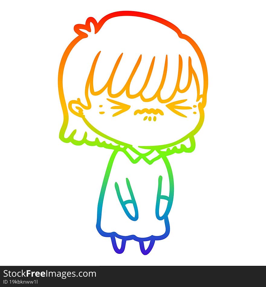 Rainbow Gradient Line Drawing Annoyed Cartoon Girl