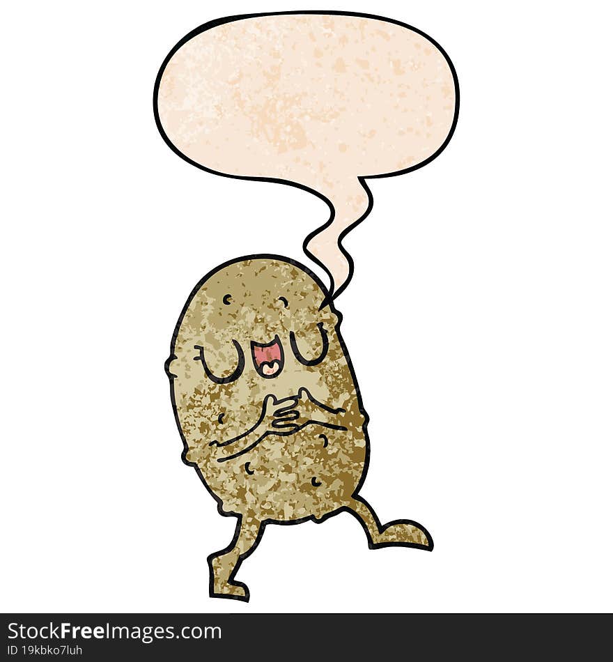 cartoon happy potato and speech bubble in retro texture style