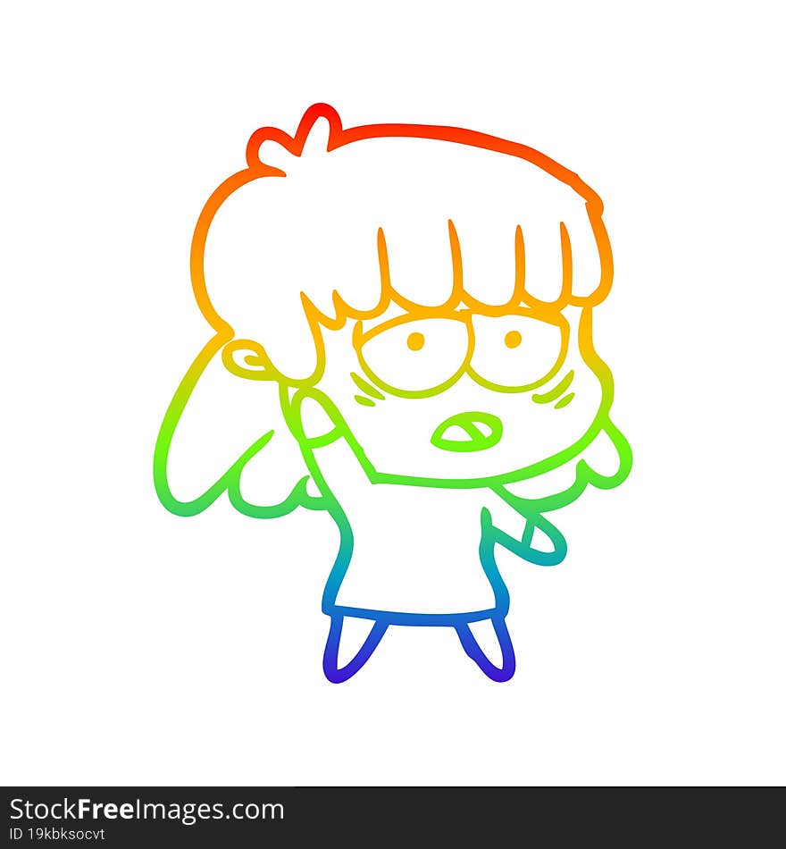 Rainbow Gradient Line Drawing Cartoon Tired Woman Waving