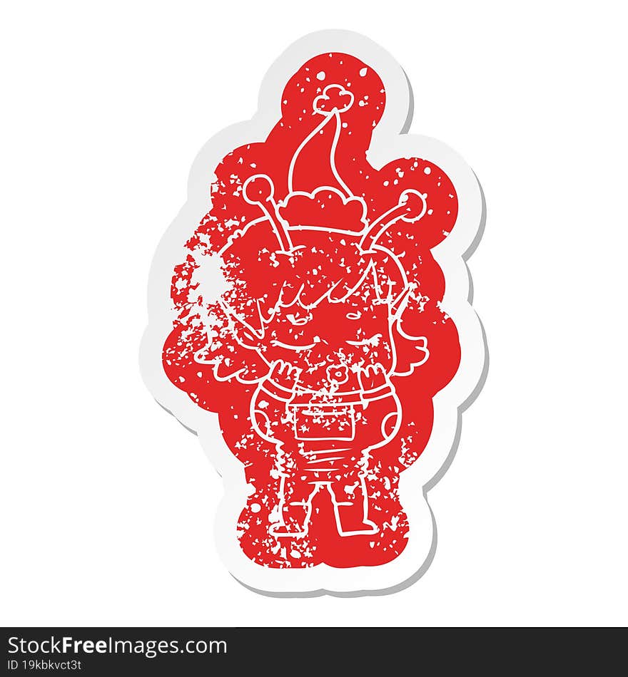 cartoon distressed sticker of a alien girl wearing santa hat