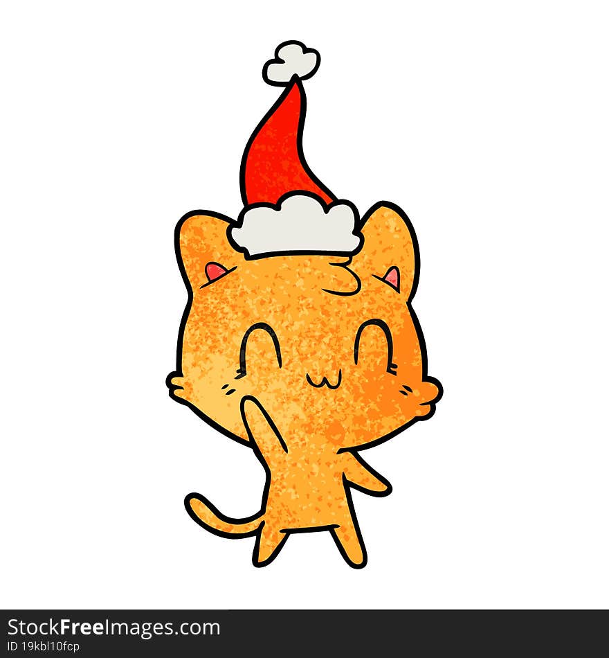 textured cartoon of a happy cat wearing santa hat