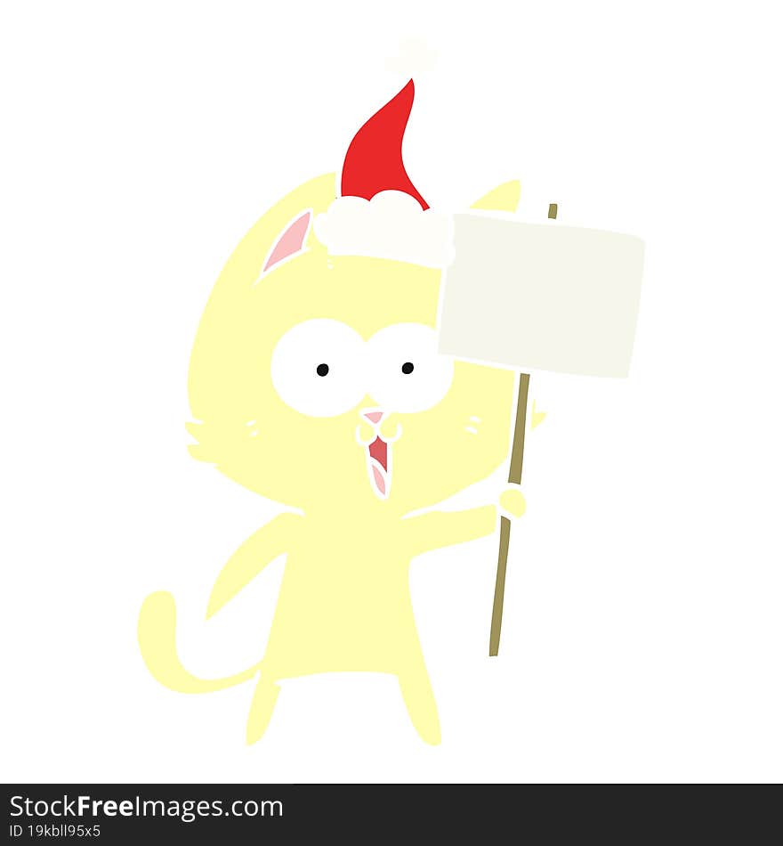 funny flat color illustration of a cat with sign wearing santa hat