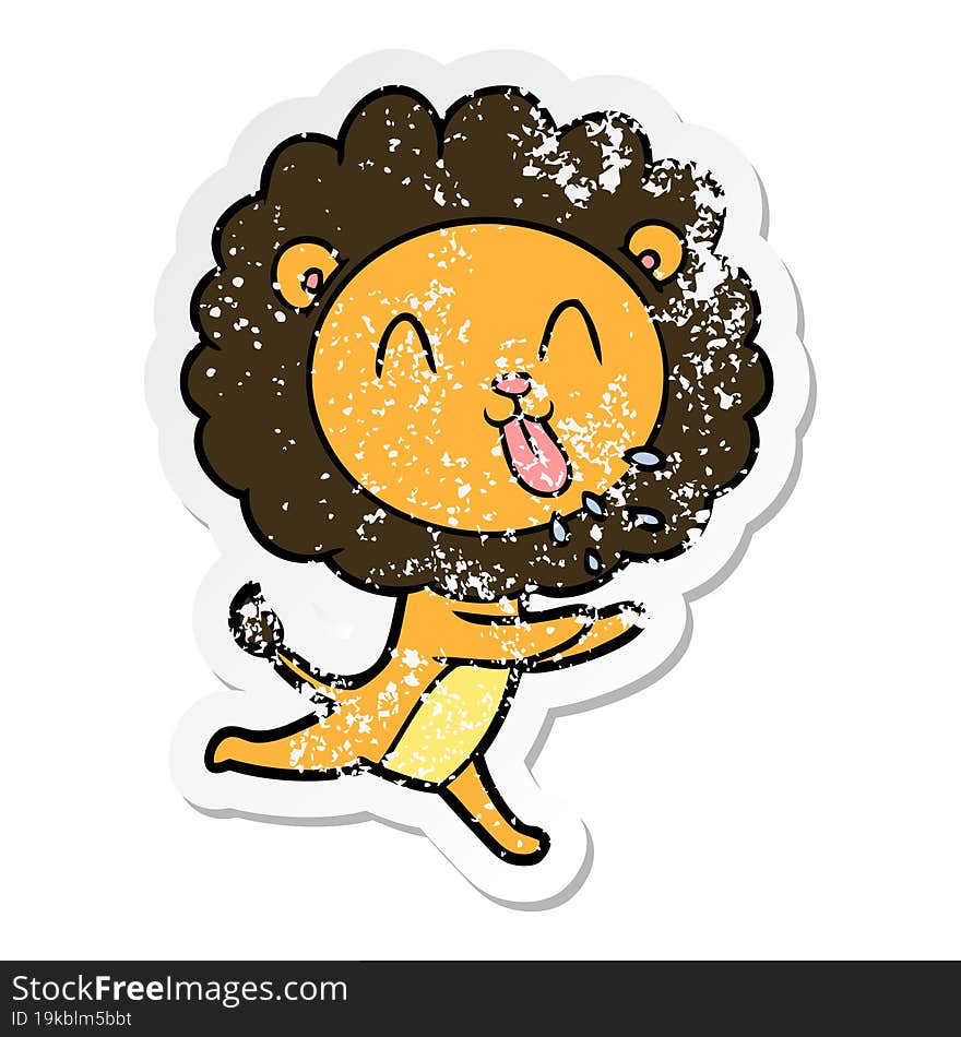 distressed sticker of a happy cartoon lion