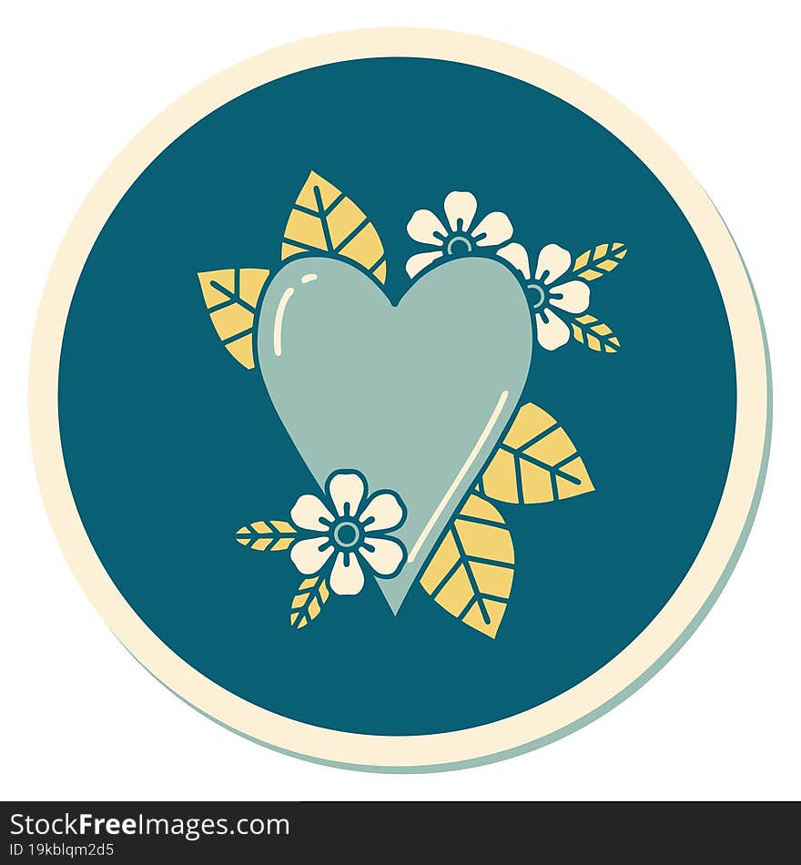 sticker of tattoo in traditional style of a botanical heart. sticker of tattoo in traditional style of a botanical heart