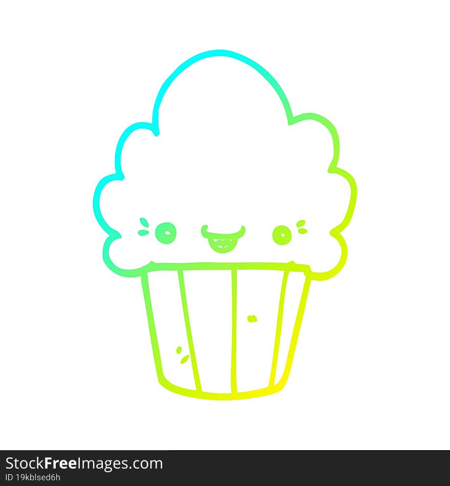 cold gradient line drawing of a cartoon cupcake with face