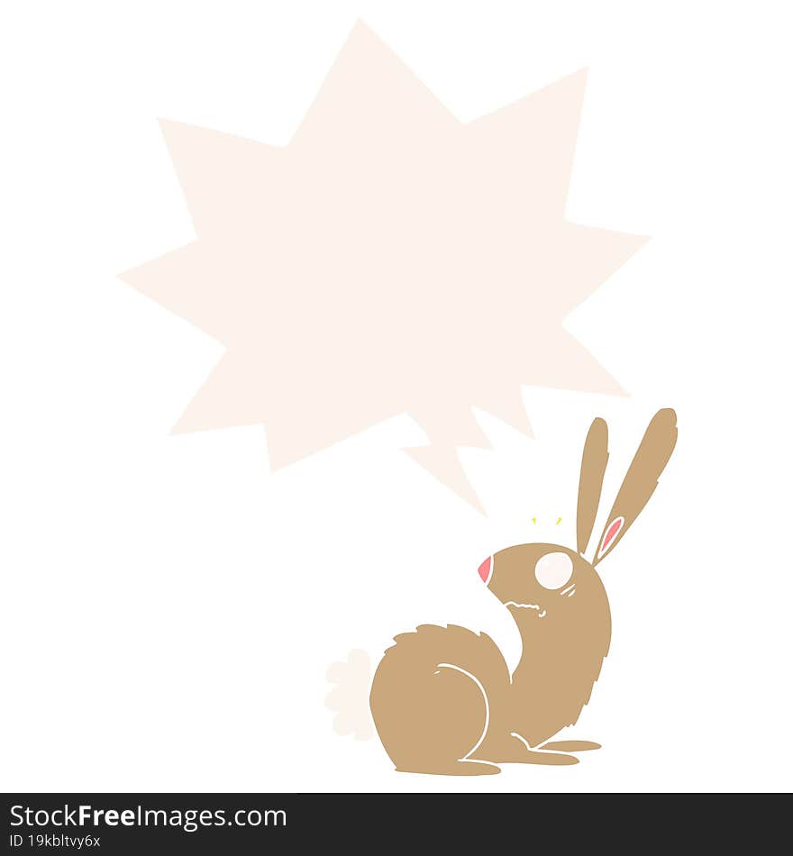 cartoon startled bunny rabbit with speech bubble in retro style