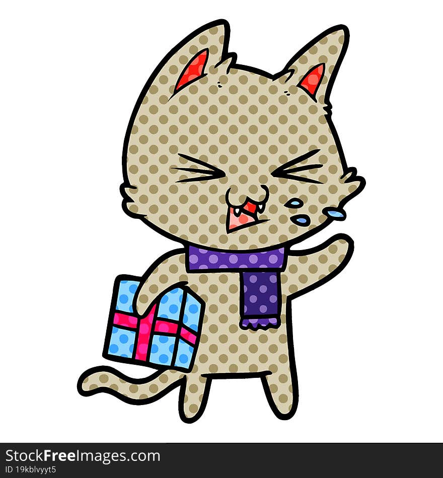 cartoon hissing cat with christmas present. cartoon hissing cat with christmas present