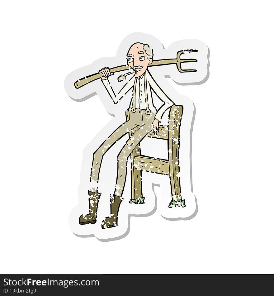 retro distressed sticker of a cartoon old farmer leaning on fence