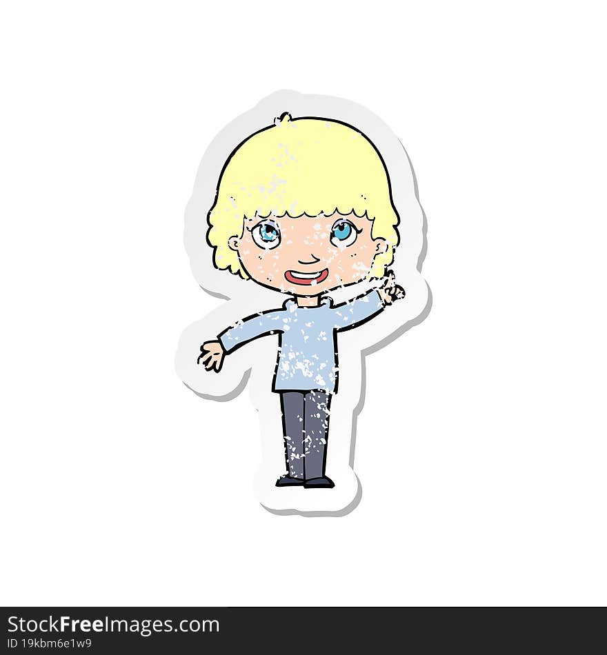 retro distressed sticker of a cartoon woman with idea