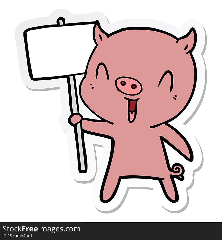 Sticker Of A Happy Cartoon Pig With Sign Post