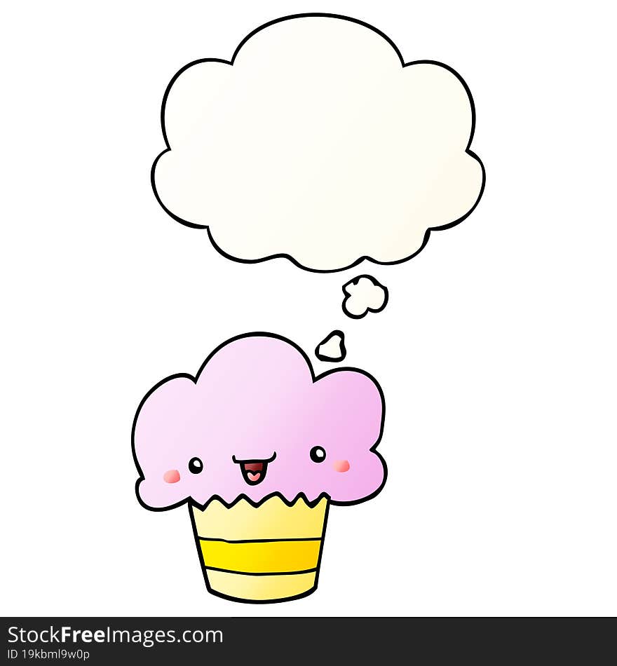 cartoon cupcake with face with thought bubble in smooth gradient style