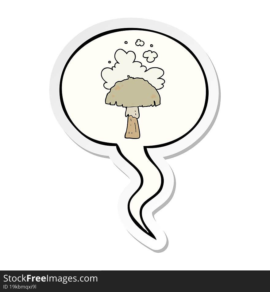 cartoon mushroom with spore cloud with speech bubble sticker. cartoon mushroom with spore cloud with speech bubble sticker