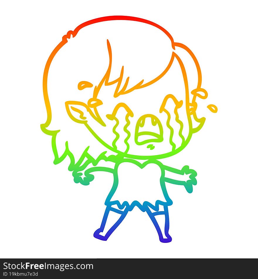 rainbow gradient line drawing cartoon crying vampire girl